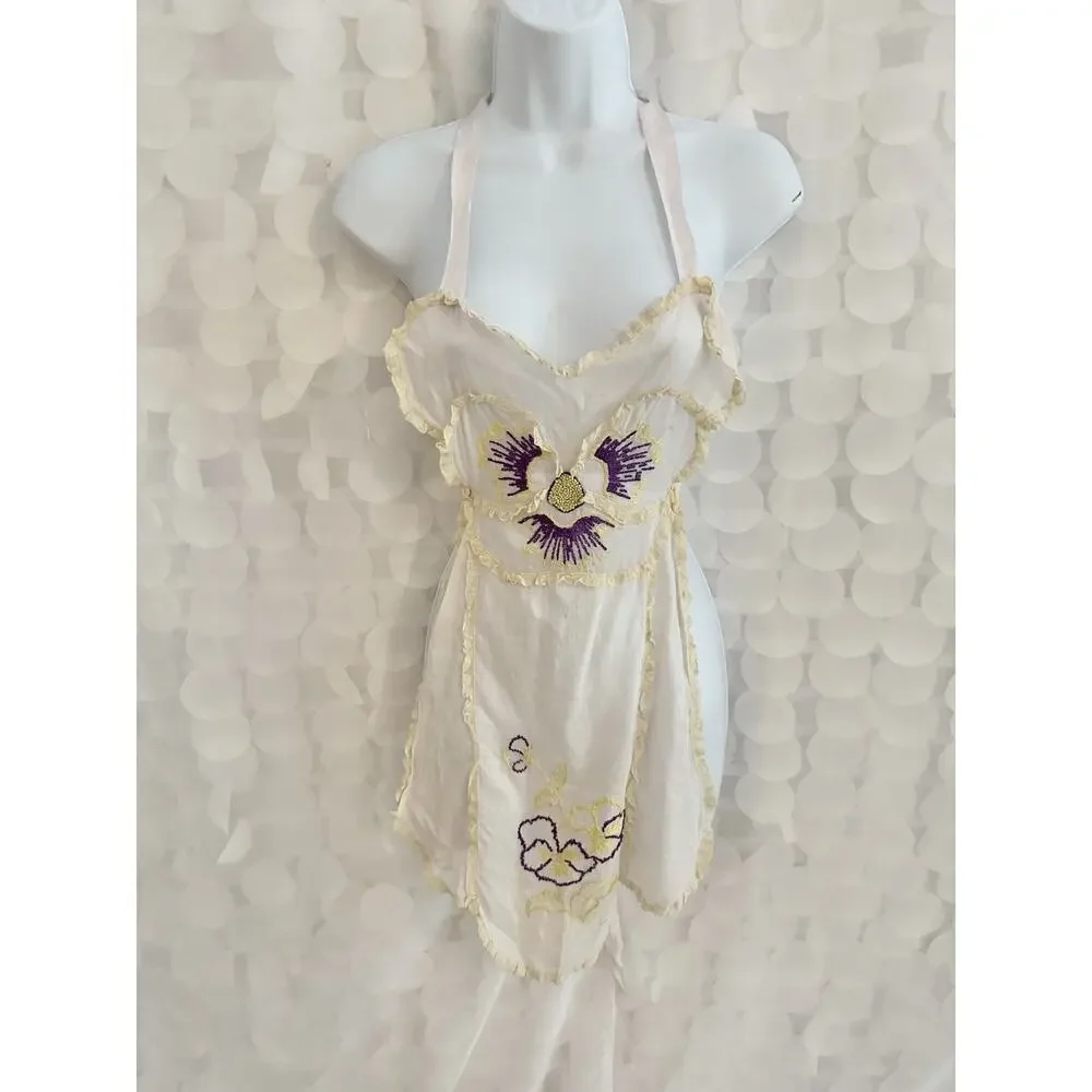VTG 40’s Apron HALTER EMBROIDERED SHEER Hostess SEXY Floral PANSY Lace Ribbons